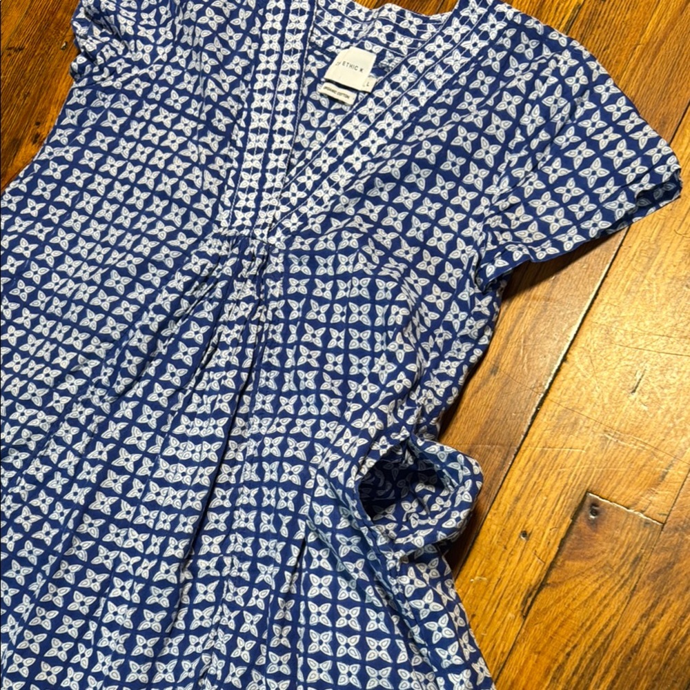 ZEN‎ ETHIC Women's Pistil V Neck A Line Blue White Block Print Patterned Dress L - Picture 12 of 16
